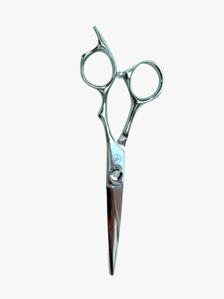 Pair of silver Leaf The Foundation Scissors on light gray background 