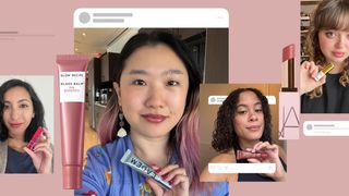 Image contains a collage of Allure editors with the best tinted lip balms