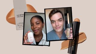 A collage of Allure editors wearing their favorite skin tints alongside other product silos on a light gray background