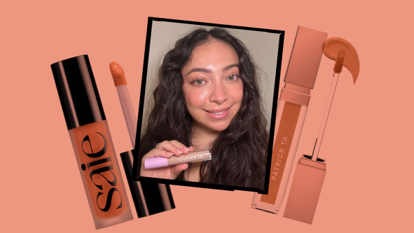 Image contains an Allure editor with the Tower 28 Beauty Swipe Serum Concealer surrounded by a collage of the best...